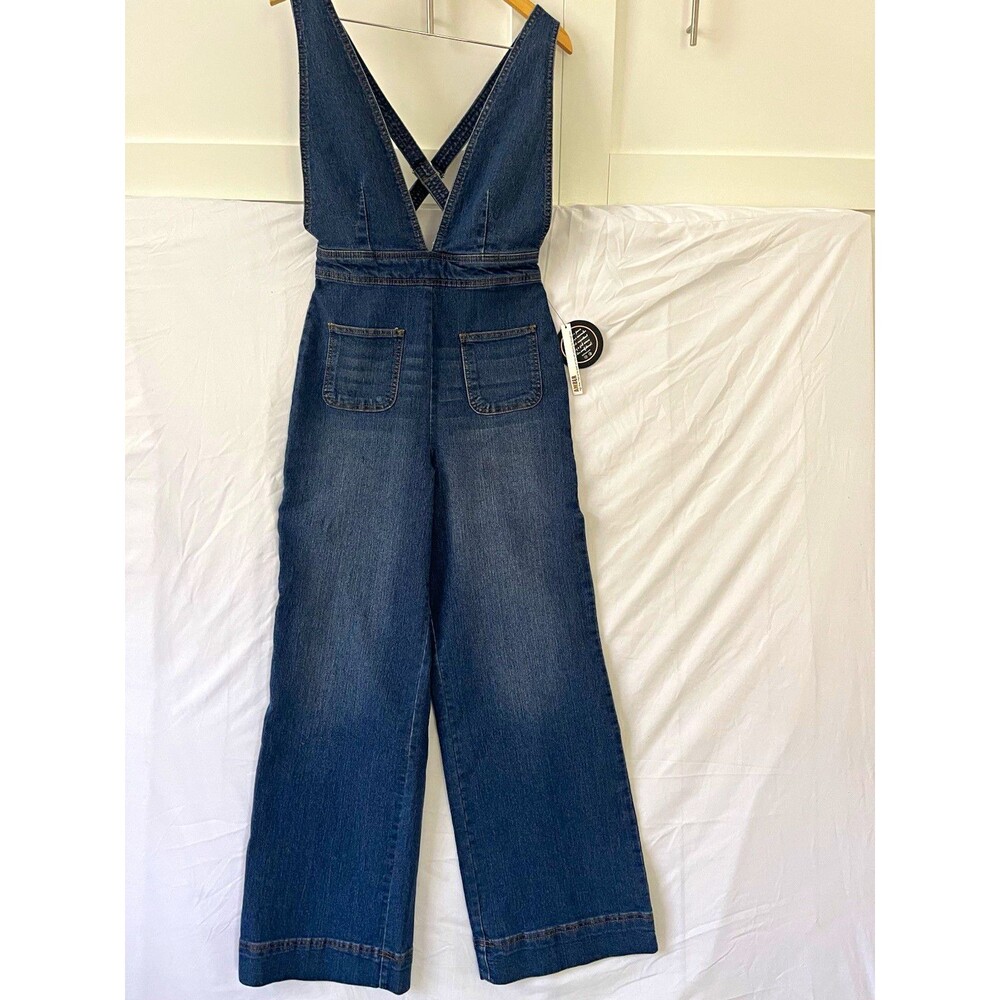 dollhouse Women's Blue Denim V-Neck Sleeveless Wide-Leg Jumpsuit Pockets 10